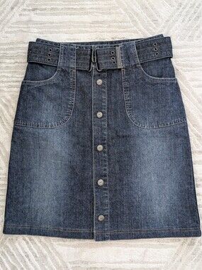 DKNY Jeans Classic Dark Blue Washed Denim Button-Front Skirt with Belt